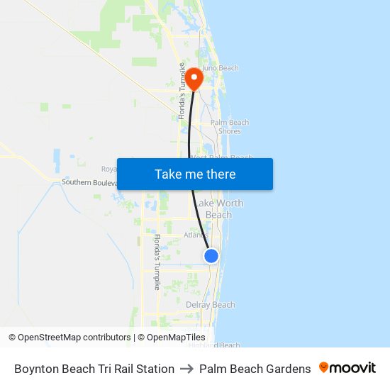 Boynton Beach Tri Rail Station to Palm Beach Gardens map