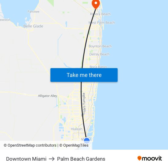 Downtown Miami to Palm Beach Gardens map