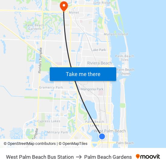 West Palm Beach Bus Station to Palm Beach Gardens map