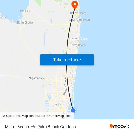 Miami Beach to Palm Beach Gardens map