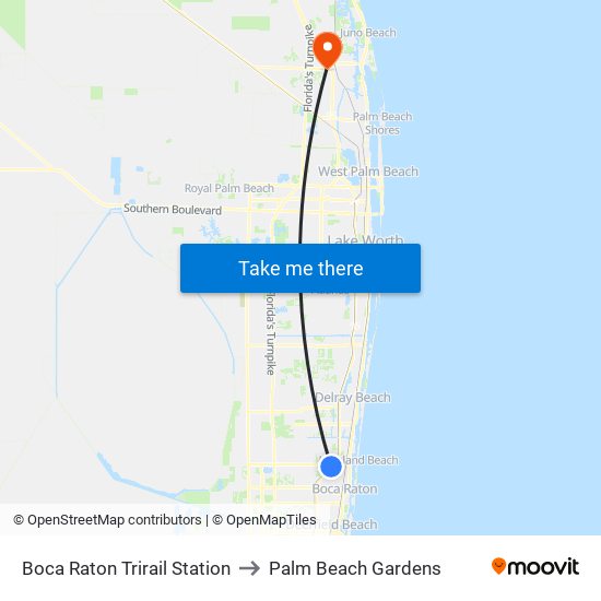 Boca Raton Trirail Station to Palm Beach Gardens map