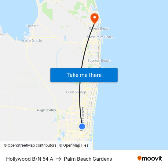 Hollywood B/N 64 A to Palm Beach Gardens map