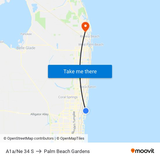 A1A/NE 34 S to Palm Beach Gardens map