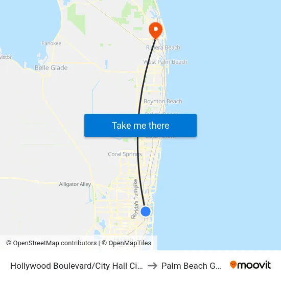 Hollywood Boulevard/City Hall Circle (East) to Palm Beach Gardens map