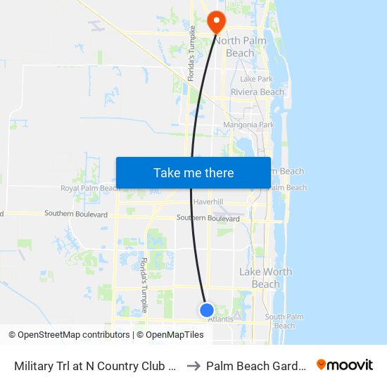 Military Trl at N Country Club Blvd to Palm Beach Gardens map