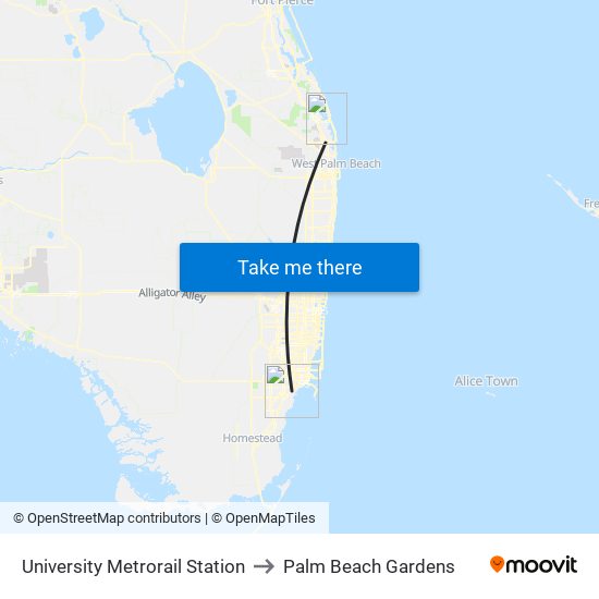 University Metrorail Station to Palm Beach Gardens map