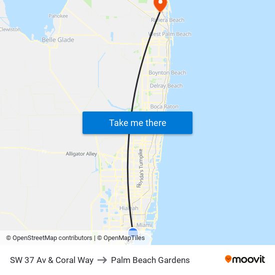 SW 37 Av & Coral Way to Palm Beach Gardens map