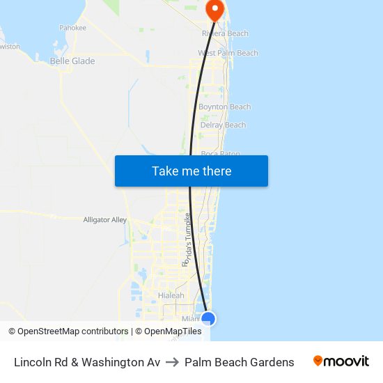 Lincoln Rd & Washington Av to Palm Beach Gardens map