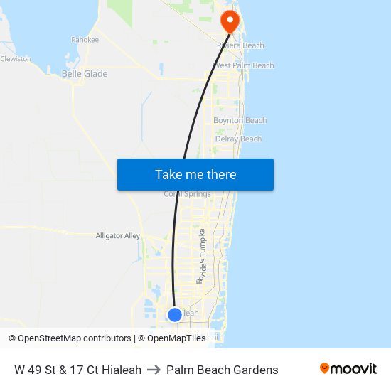 W 49 St & 17 Ct Hialeah to Palm Beach Gardens map