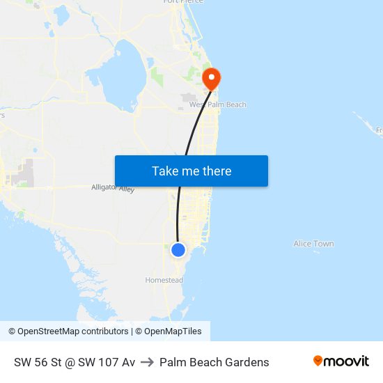 SW 56 St @ SW 107 Av to Palm Beach Gardens map