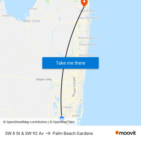 SW 8 St & SW 92 Av to Palm Beach Gardens map
