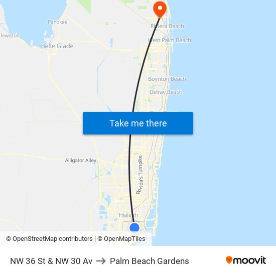 NW 36 St & NW 30 Av to Palm Beach Gardens map