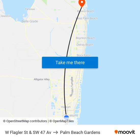 W Flagler St & SW 47 Av to Palm Beach Gardens map