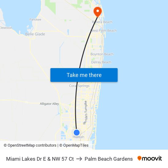 Miami Lakes Dr E & NW 57 Ct to Palm Beach Gardens map