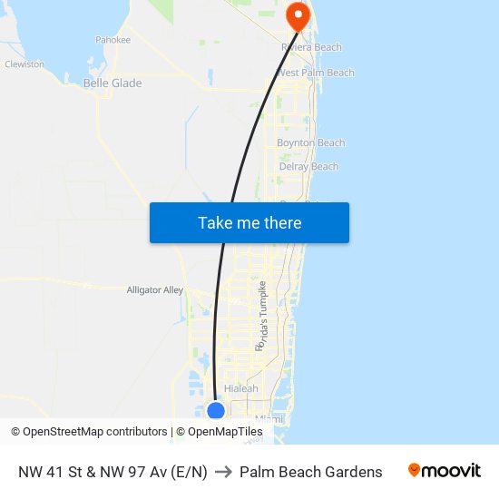 NW 41 St & NW 97 Av (E/N) to Palm Beach Gardens map