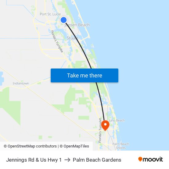 Jennings Rd & Us Hwy 1 to Palm Beach Gardens map