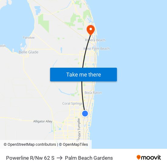 Powerline R/Nw 62 S to Palm Beach Gardens map