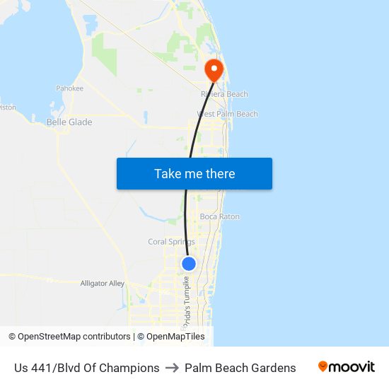 Us 441/Blvd Of Champions to Palm Beach Gardens map