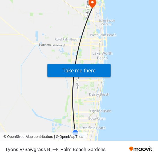 Lyons R/Sawgrass B to Palm Beach Gardens map