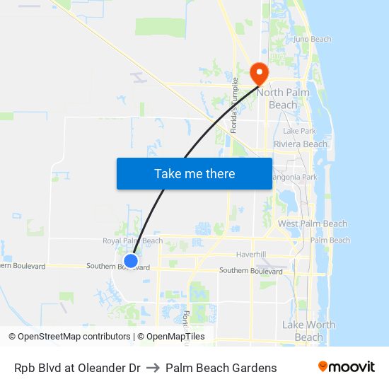 Rpb Blvd at Oleander Dr to Palm Beach Gardens map