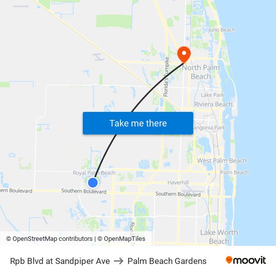 Rpb Blvd at Sandpiper Ave to Palm Beach Gardens map