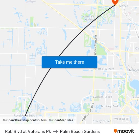 Rpb Blvd at Veterans Pk to Palm Beach Gardens map