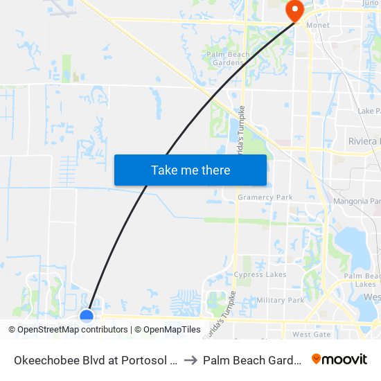 Okeechobee Blvd at Portosol Ave to Palm Beach Gardens map