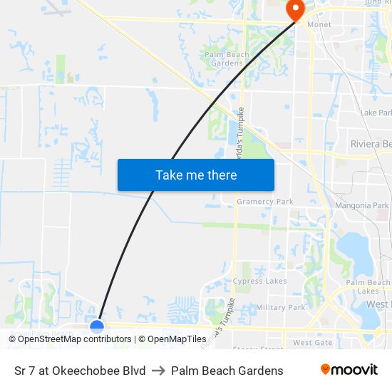 Sr 7 at  Okeechobee Blvd to Palm Beach Gardens map