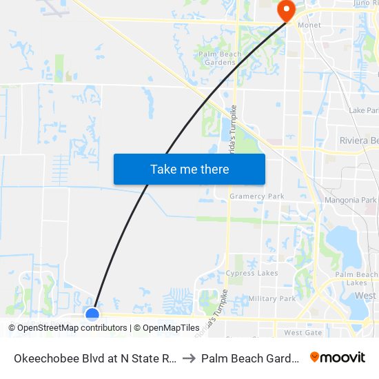 Okeechobee Blvd at N State Rd 7 to Palm Beach Gardens map