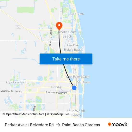 Parker Ave at Belvedere Rd to Palm Beach Gardens map