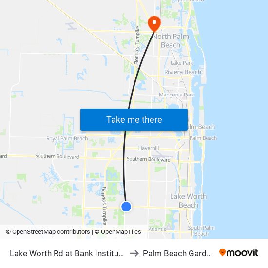 Lake Worth Rd at Bank Institution to Palm Beach Gardens map