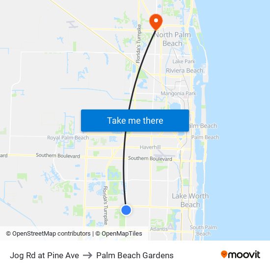 Jog Rd at Pine Ave to Palm Beach Gardens map