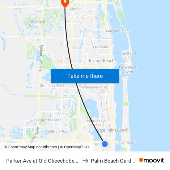 Parker Ave at Old Okeechobee Rd to Palm Beach Gardens map