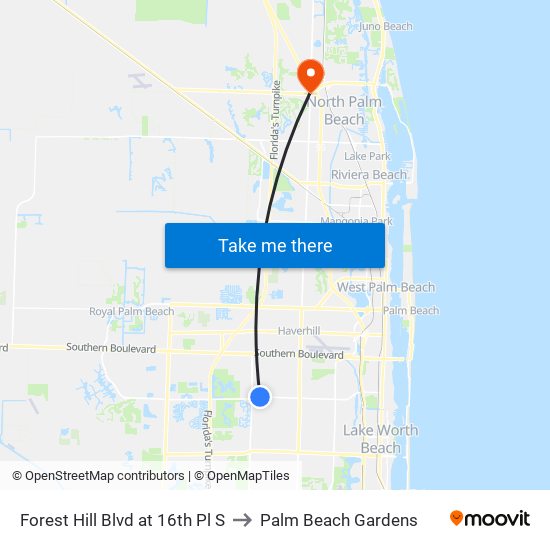 Forest Hill Blvd at 16th Pl S to Palm Beach Gardens map