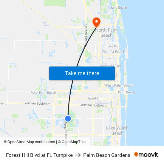 Forest Hill Blvd at FL Turnpike to Palm Beach Gardens map