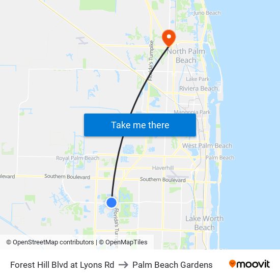 Forest Hill Blvd at Lyons Rd to Palm Beach Gardens map
