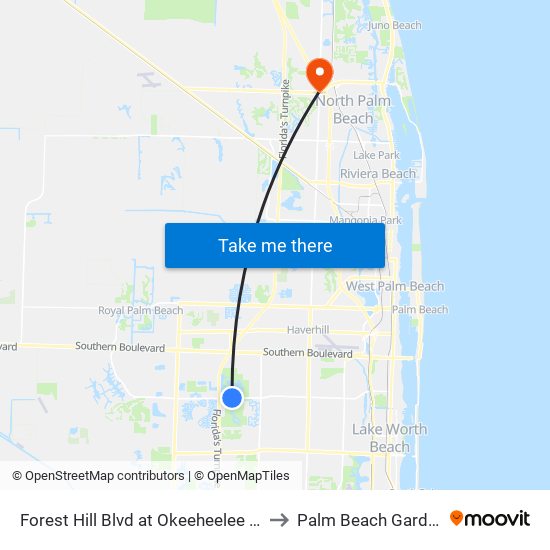 Forest Hill Blvd at Okeeheelee Pk E to Palm Beach Gardens map