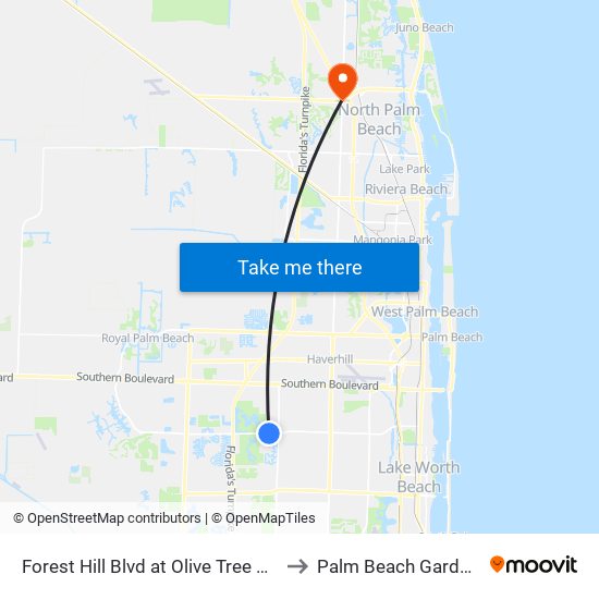 Forest Hill Blvd at Olive Tree Blvd to Palm Beach Gardens map