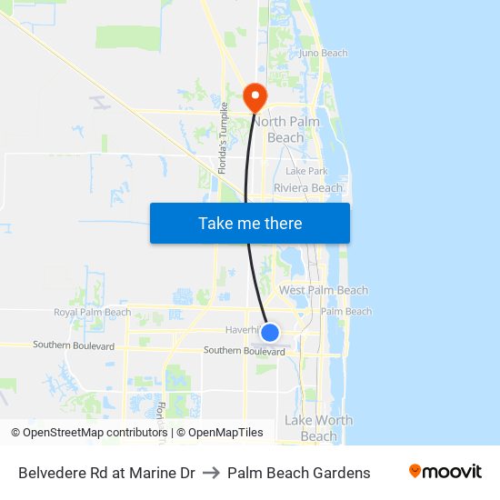 Belvedere Rd at Marine Dr to Palm Beach Gardens map