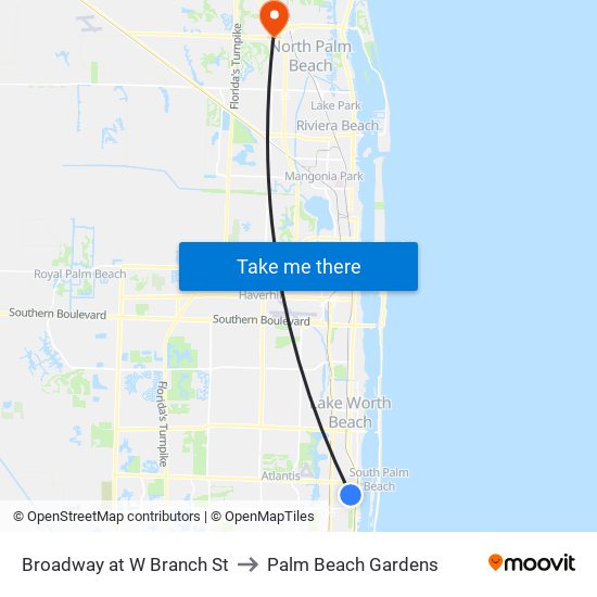 Broadway at W Branch St to Palm Beach Gardens map