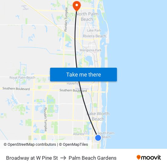 Broadway at W Pine St to Palm Beach Gardens map