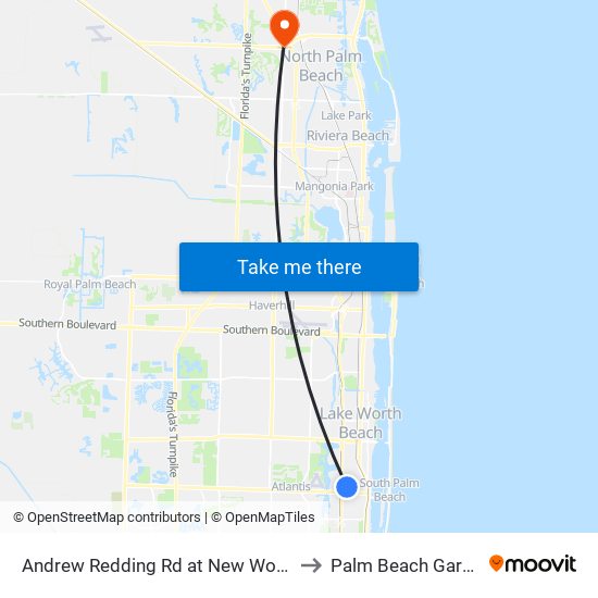 Andrew Redding Rd at New World Ave to Palm Beach Gardens map