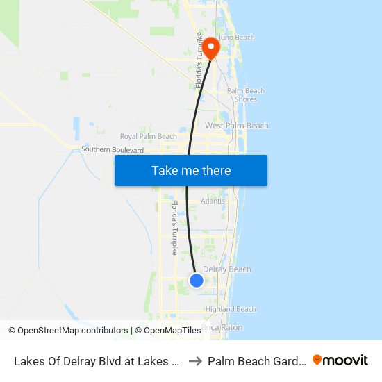 Lakes Of Delray Blvd at  Lakes Of De to Palm Beach Gardens map