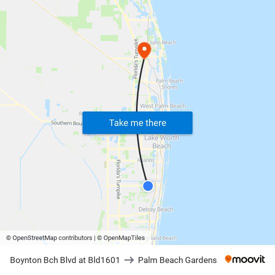 Boynton Bch Blvd at Bld1601 to Palm Beach Gardens map