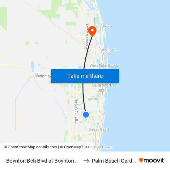 Boynton Bch Blvd at Boynton Pl Cir to Palm Beach Gardens map