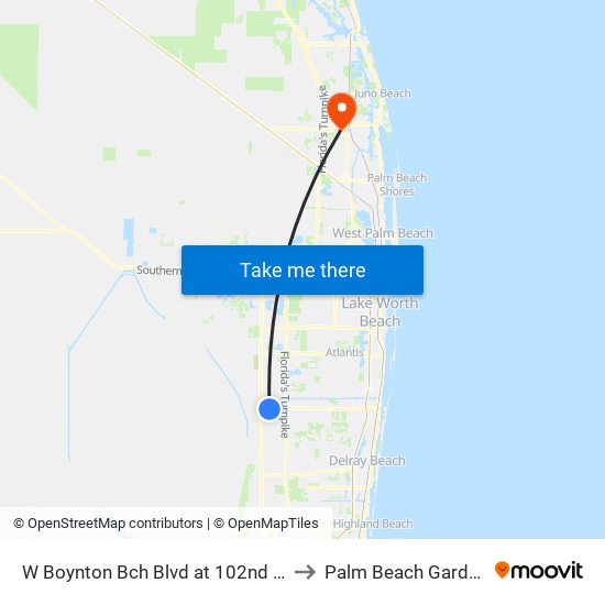 W Boynton Bch Blvd at 102nd Pl S to Palm Beach Gardens map