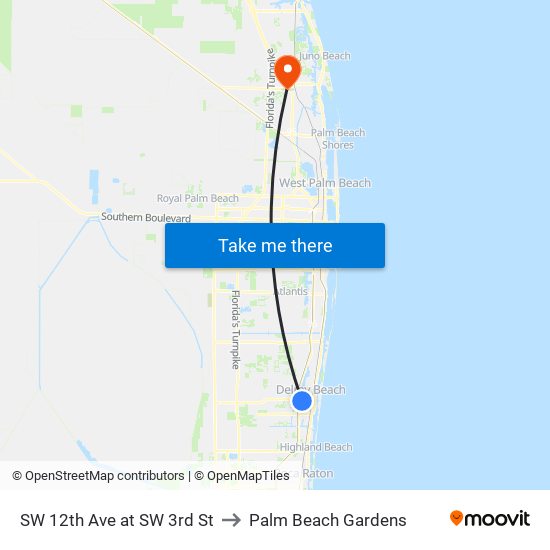 SW 12th Ave at SW 3rd St to Palm Beach Gardens map