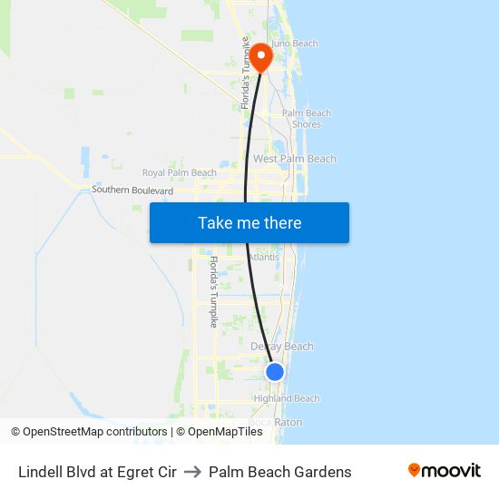 Lindell Blvd at Egret Cir to Palm Beach Gardens map