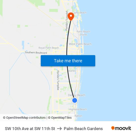 SW 10th Ave at SW 11th St to Palm Beach Gardens map