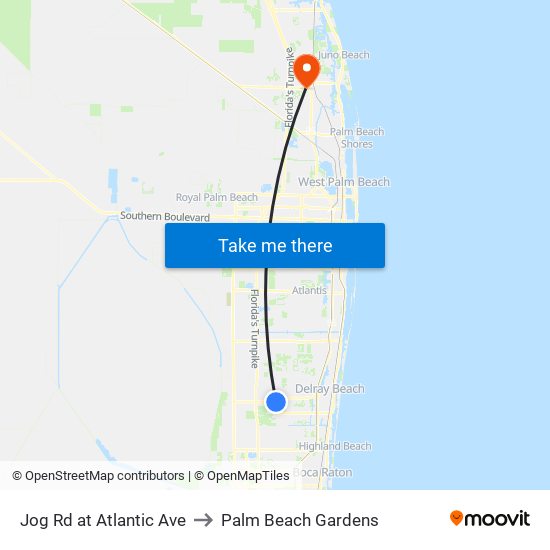 Jog Rd at Atlantic Ave to Palm Beach Gardens map